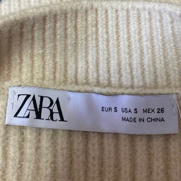 Zara Beige Black Ribbed Knit Striped Drop Short Sleeve Crew Neck Sweater Top S - Picture 3 of 4